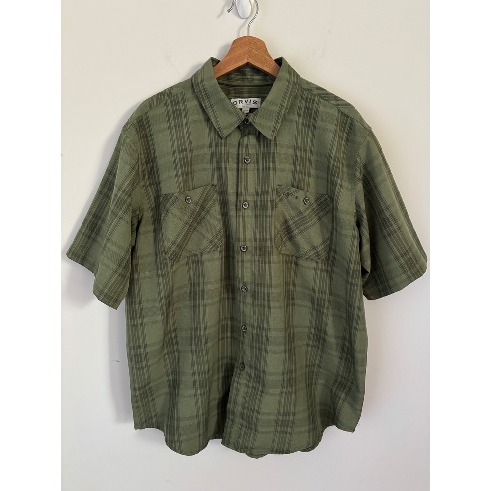 Orvis Classic Collection Mens XL Olive Green Plaid Short Sleeve Button Shirt